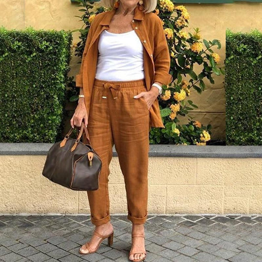 🌿 Neuerscheinung im Frühling 🌿 Damen Baumwoll-Leinen Langarmbluse und Hosen-Set
