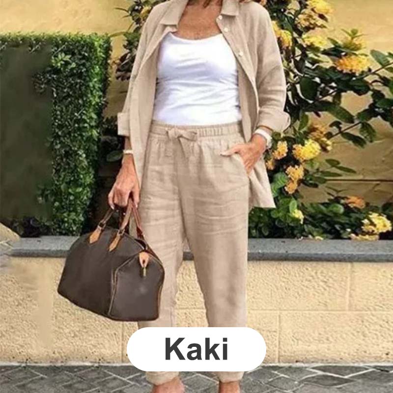 🌿 Neuerscheinung im Frühling 🌿 Damen Baumwoll-Leinen Langarmbluse und Hosen-Set